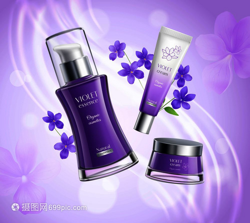 機化妝品護膚品寫實構(gòu)圖海報與紫羅蘭提取精華奶油分配器彩色背景矢量插圖化妝品產(chǎn)品寫實構(gòu)圖海報